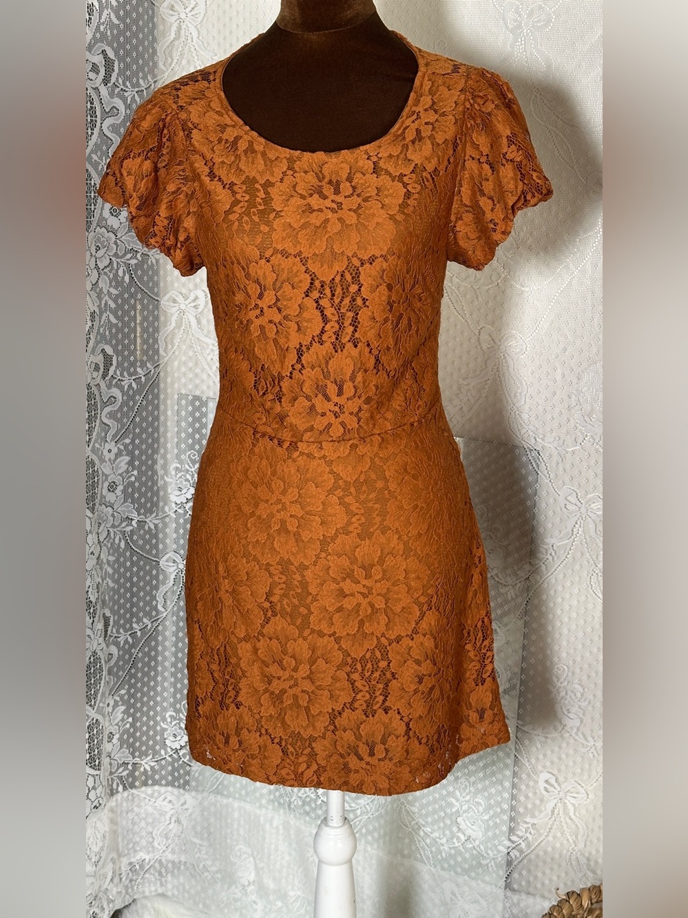Free People Rust Orange Lace Flutter-Sleeve Dress